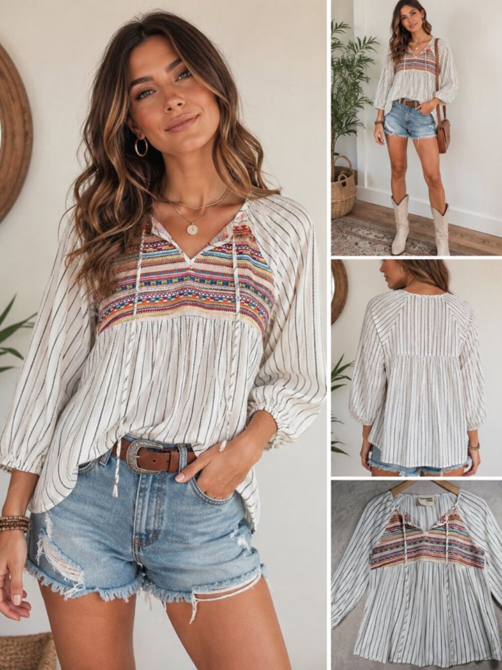 Savanna Jane Blouse Womens Small Embroidered Boho Stripe Balloon Sleeve Top
